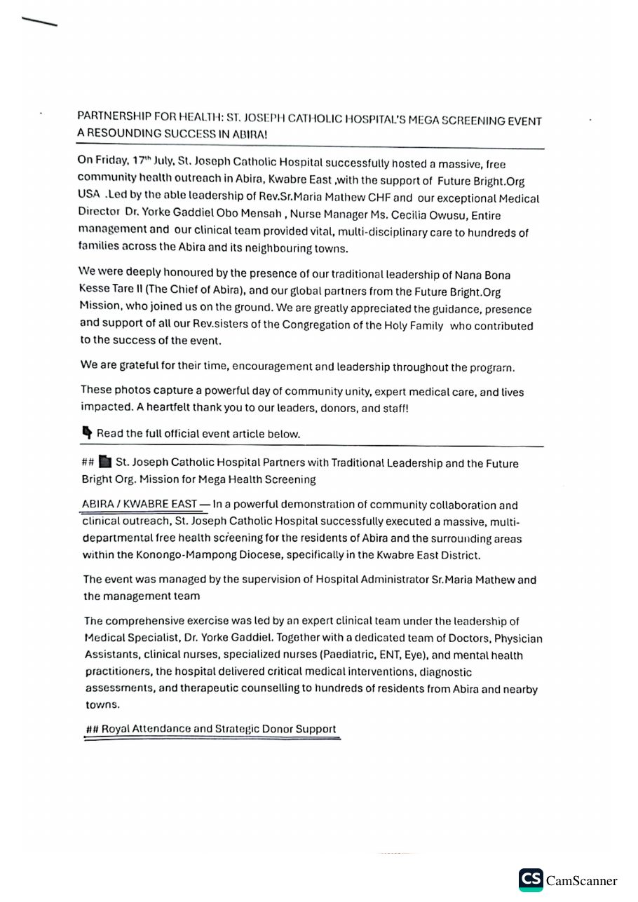Page 1 of St. Joseph Catholic Hospital's post-event memo: Partnership for Health: Mega Screening Event a Resounding Success in Abira