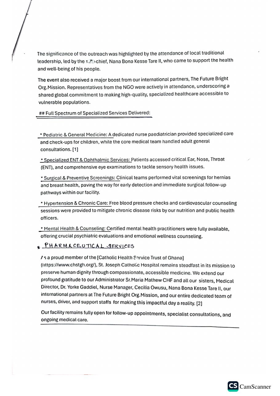 Page 2 of the hospital's post-event memo, listing the specialized services delivered and acknowledging FutureBright